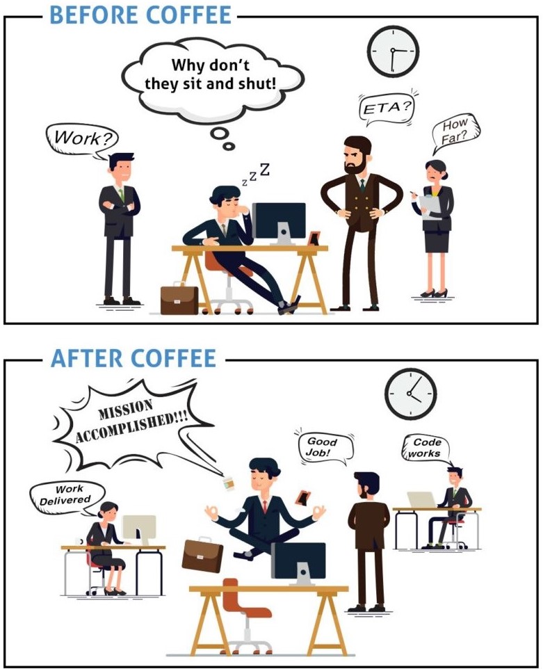 Programmers joke with coffee